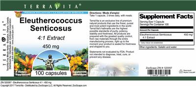 Photo of the TerraVita Premium Collection Eleutherococcus senticosus 450 mg 4:1 Extract label