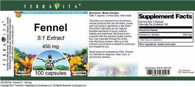 Photo of the TerraVita Premium Collection Fennel 450 mg 5:1 Extract label