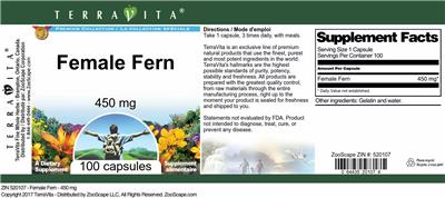 Photo of the TerraVita Premium Collection Female Fern 450 mg label