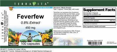 Photo of the TerraVita Premium Collection Feverfew 450 mg 0.8% Extract label