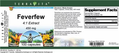 Photo of the TerraVita Premium Collection Feverfew 450 mg 4:1 Extract label