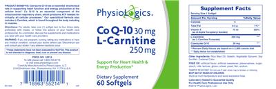 Photo of the PhysioLogics Co Q-10 30 mg L-Carnitine 250 mg label
