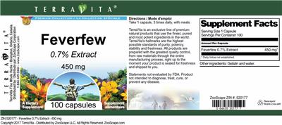 Photo of the TerraVita Premium Collection Feverfew 450 mg 0.7% Extract label