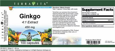 Photo of the TerraVita Premium Collection Ginkgo 450 mg 4:1 Extract label