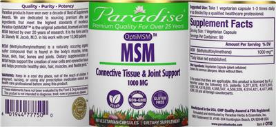 Photo of the Paradise MSM 1000 mg label