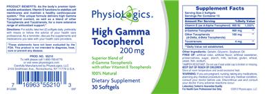 Photo of the PhysioLogics High Gamma Tocopherol 200 mg label