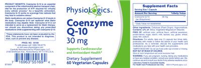 Photo of the PhysioLogics Coenzyme Q-10 30 mg label