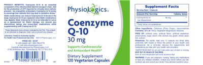 Photo of the PhysioLogics Coenzyme Q-10 30 mg label