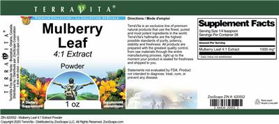 Photo of the TerraVita Premium Collection Mulberry Leaf 4:1 Extract Powder label
