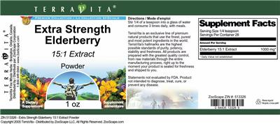 Photo of the TerraVita Premium Collection Extra Strength Elderberry 15:1 Extract Powder label
