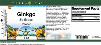 Photo of the TerraVita Premium Collection Ginkgo 8:1 Extract Powder label