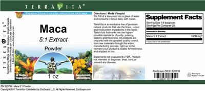 Photo of the TerraVita Premium Collection Maca 5:1 Extract Powder label