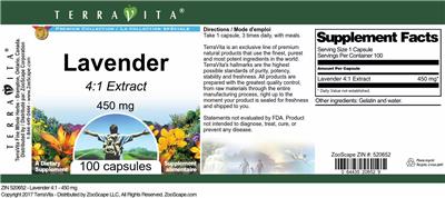 Photo of the TerraVita Premium Collection Lavender 450 mg 4:1 Extract label