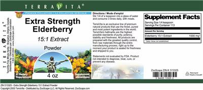 Photo of the TerraVita Premium Collection Extra Strength Elderberry 15:1 Extract Powder label