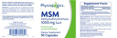 Photo of the PhysioLogics MSM Methylsulfonylmethane 1000 mg label
