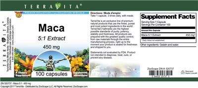 Photo of the TerraVita Premium Collection Maca 450 mg 5:1 Extract label