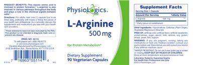 Photo of the PhysioLogics L-Arginine 500 mg label