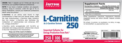 Photo of the Jarrow Formulas L-Carnitine 250 As L-Carnitine Tartrate label