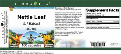 Photo of the TerraVita Premium Collection Nettle Leaf 450 mg 5:1 Extract label