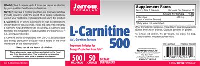 Photo of the Jarrow Formulas L-Carnitine 500 As L-Carnitine Tartrate label