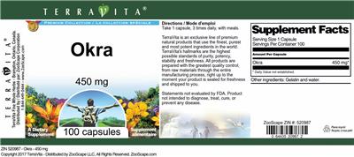 Photo of the TerraVita Premium Collection Okra 450 mg label