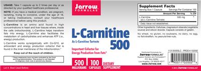 Photo of the Jarrow Formulas L-Carnitine 500 As L-Carnitine Tartrate label