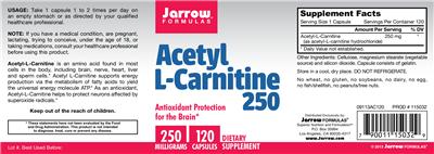 Photo of the Jarrow Formulas Acetyl L-Carnitine 250 mg label