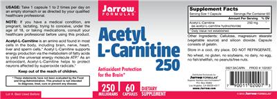Photo of the Jarrow Formulas Acetyl L-Carnitine 250 mg label