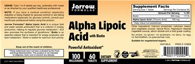 Photo of the Jarrow Formulas Alpha Lipoic Acid 100 mg with Biotin label