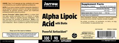 Photo of the Jarrow Formulas Alpha Lipoic Acid 100 mg with Biotin label