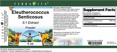 Photo of the TerraVita Premium Collection Eleutherococcus Senticosus 5:1 Extract Powder label