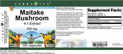 Photo of the TerraVita Premium Collection Maitake Mushroom 450 mg 4:1 Extract label
