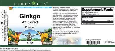 Photo of the TerraVita Premium Collection Ginkgo 4:1 Extract Powder label