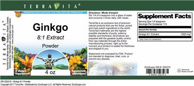 Photo of the TerraVita Premium Collection Ginkgo 8:1 Extract Powder label