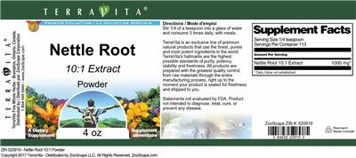 Photo of the TerraVita Premium Collection Nettle Root 10:1 Extract Powder label