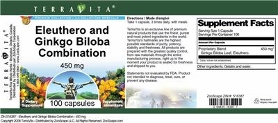 Photo of the TerraVita Premium Collection Eleuthero and Ginkgo Biloba Combination 450 mg label