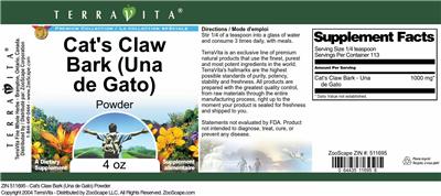 Photo of the TerraVita Premium Collection Cat's Claw Bark (Una de Gato) Powder label