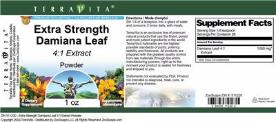 Photo of the TerraVita Premium Collection Extra Strength Damiana Leaf 4:1 Extract Powder label