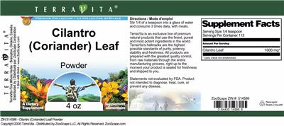 Photo of the TerraVita Premium Collection Cilantro (Coriander) Leaf Powder label