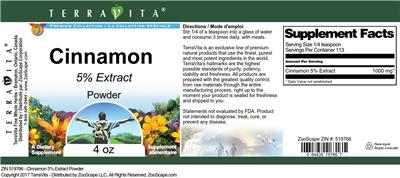 Photo of the TerraVita Premium Collection Cinnamon 5% Extract Powder label