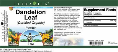 Photo of the TerraVita Premium Collection Dandelion Leaf (Certified Organic) Powder label