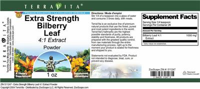 Photo of the TerraVita Premium Collection Extra Strength Bilberry Leaf 4:1 Extract Powder label