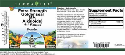 Photo of the TerraVita Premium Collection Extra Strength Goldenseal (5% Alkaloids) 4:1 Extract Powder label