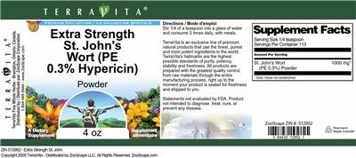 Photo of the TerraVita Premium Collection Extra Strength St. John's Wort (PE 0.3% Hypericin) Powder label