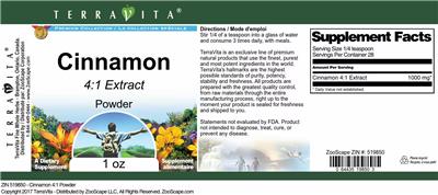 Photo of the TerraVita Premium Collection Cinnamon 4:1 Extract Powder label