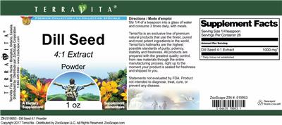 Product label for Dill Seed 4:1 Extract Powder