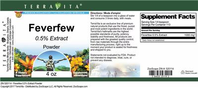 Photo of the TerraVita Premium Collection Feverfew 0.5% Extract Powder label