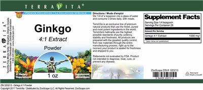 Photo of the TerraVita Premium Collection Ginkgo 4:1 Extract Powder label
