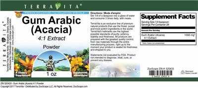 Photo of the TerraVita Premium Collection Gum Arabic (Acacia) 4:1 Extract Powder label