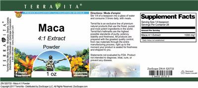 Photo of the TerraVita Premium Collection Maca 4:1 Extract Powder label